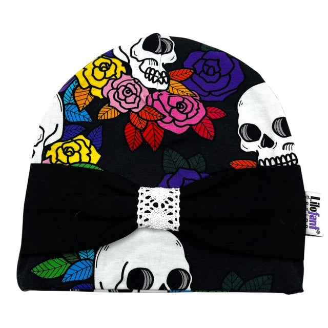 Svart döskalle mössa med rosett