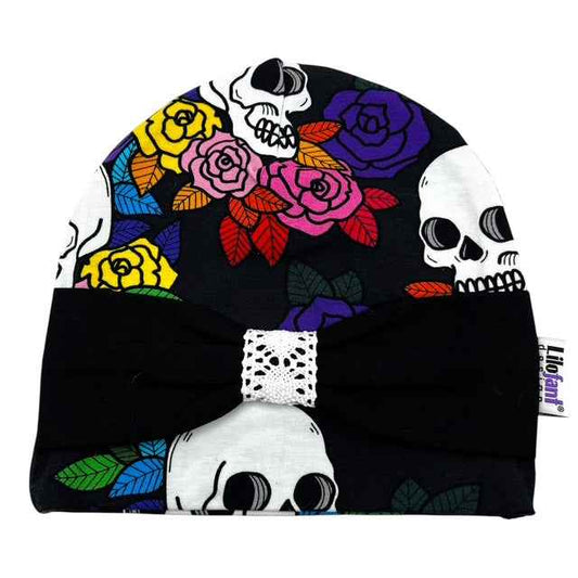 Svart döskalle mössa med rosett