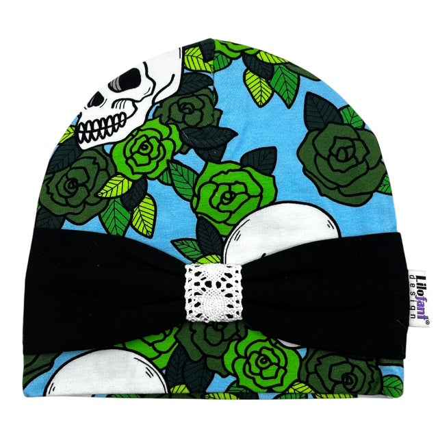 Blå döskalle mössa med rosett