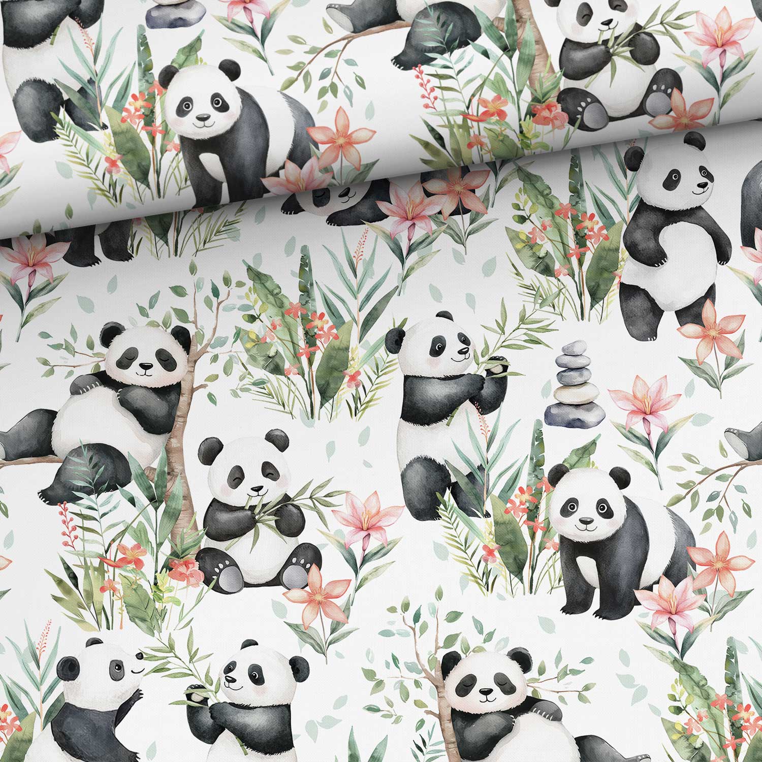 Pandor och blommor (bomullstyg)